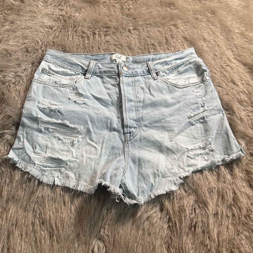 Easel Distressed Light Blue Denim Shorts